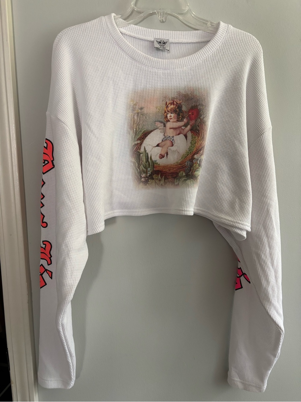 Boys Lie cropped extra long sleeve henley with cherub graphics and gothic text